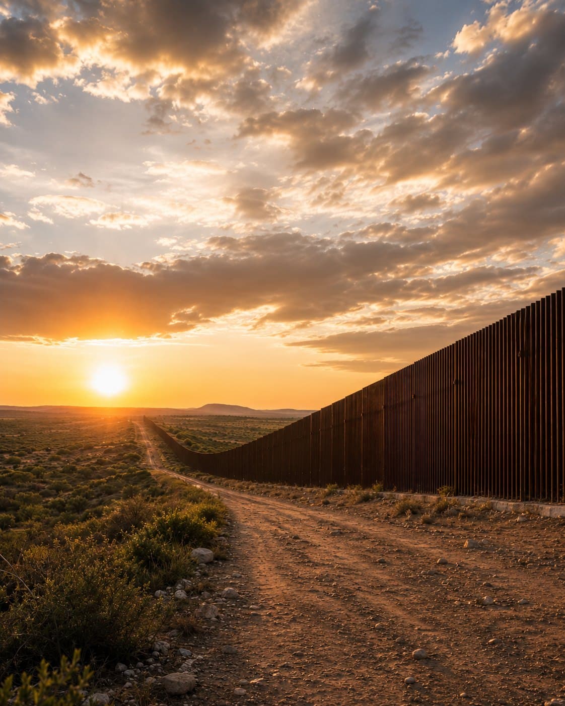 Muro fronterizo de acero extendiéndose por el desierto de Texas hacia el horizonte al atardecer
