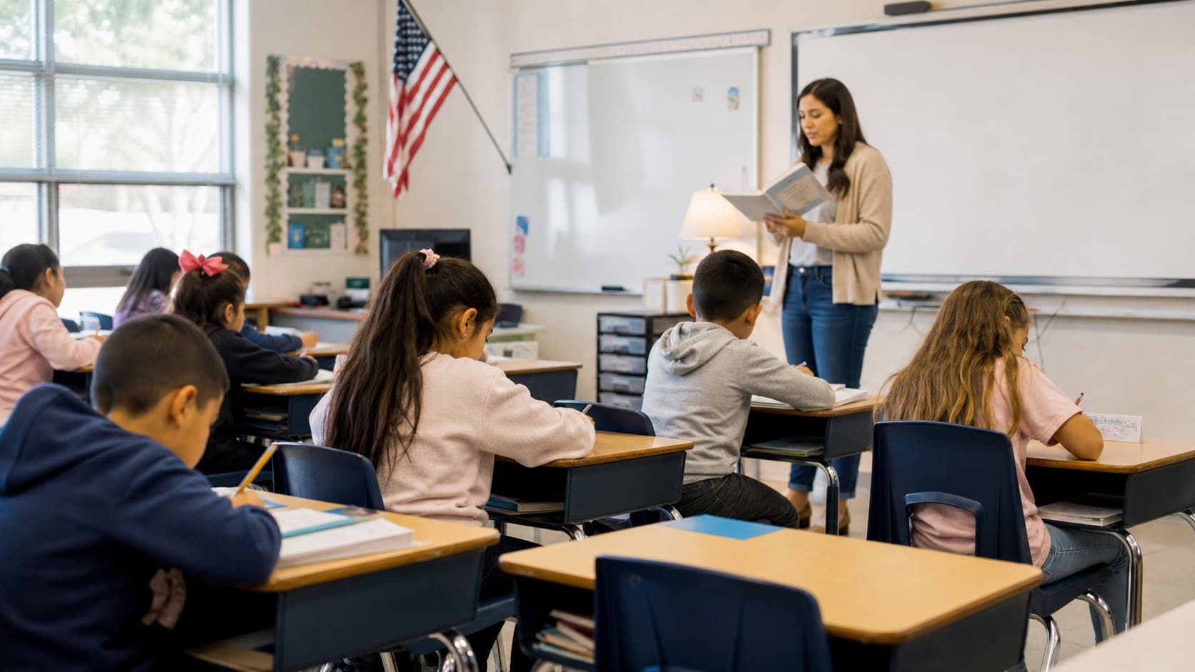 Maestra leyendo a estudiantes en un salón de clases con bandera estadounidense