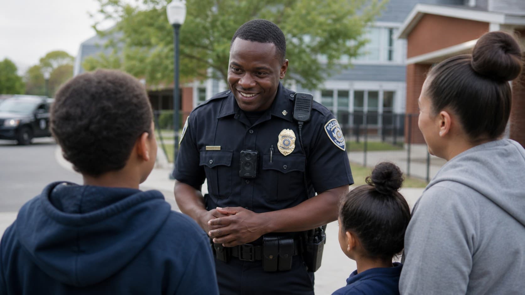 Oficial de policía sonriendo mientras conversa con una familia