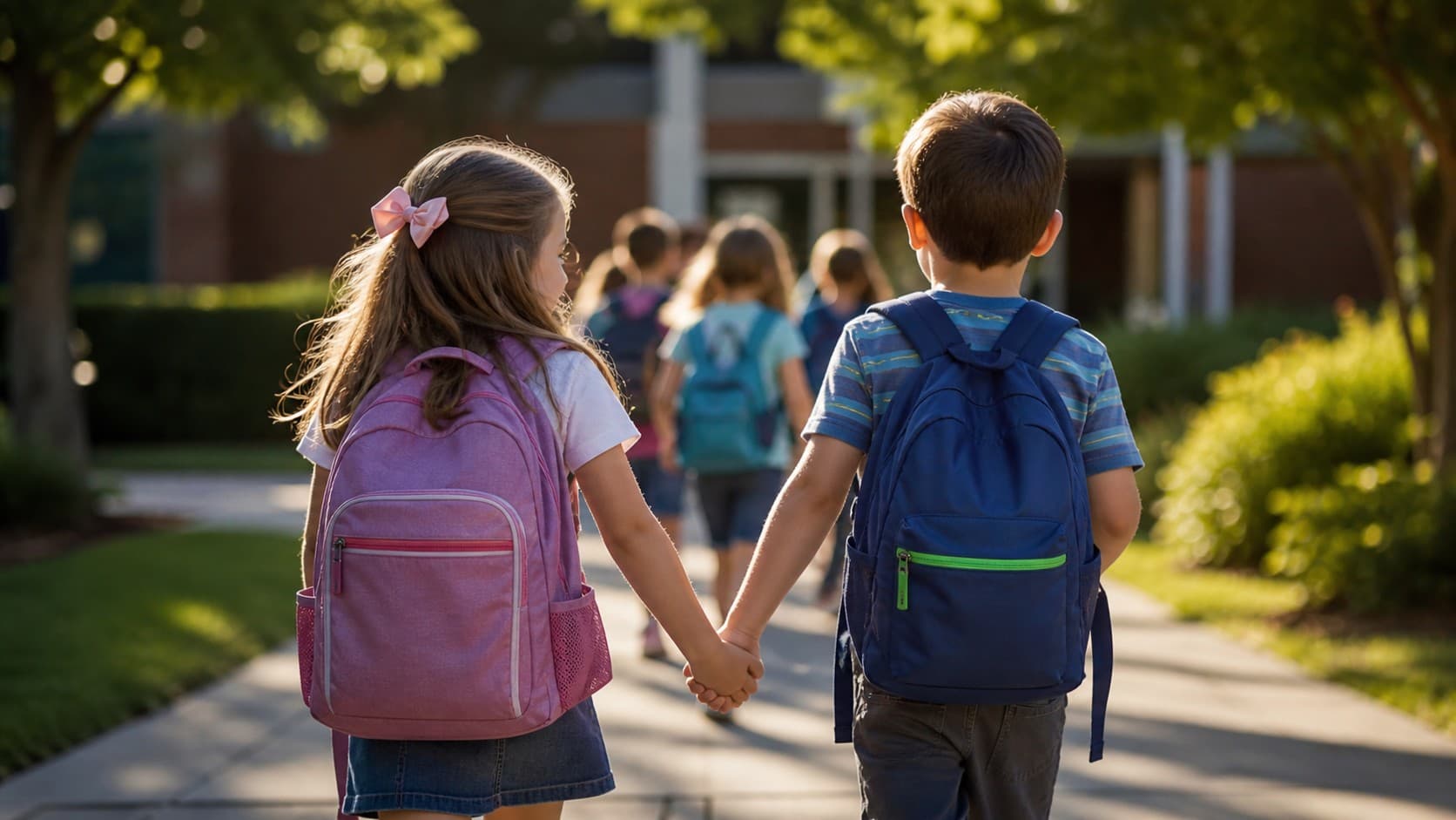 Dos estudiantes con mochilas caminando a la escuela tomados de la mano